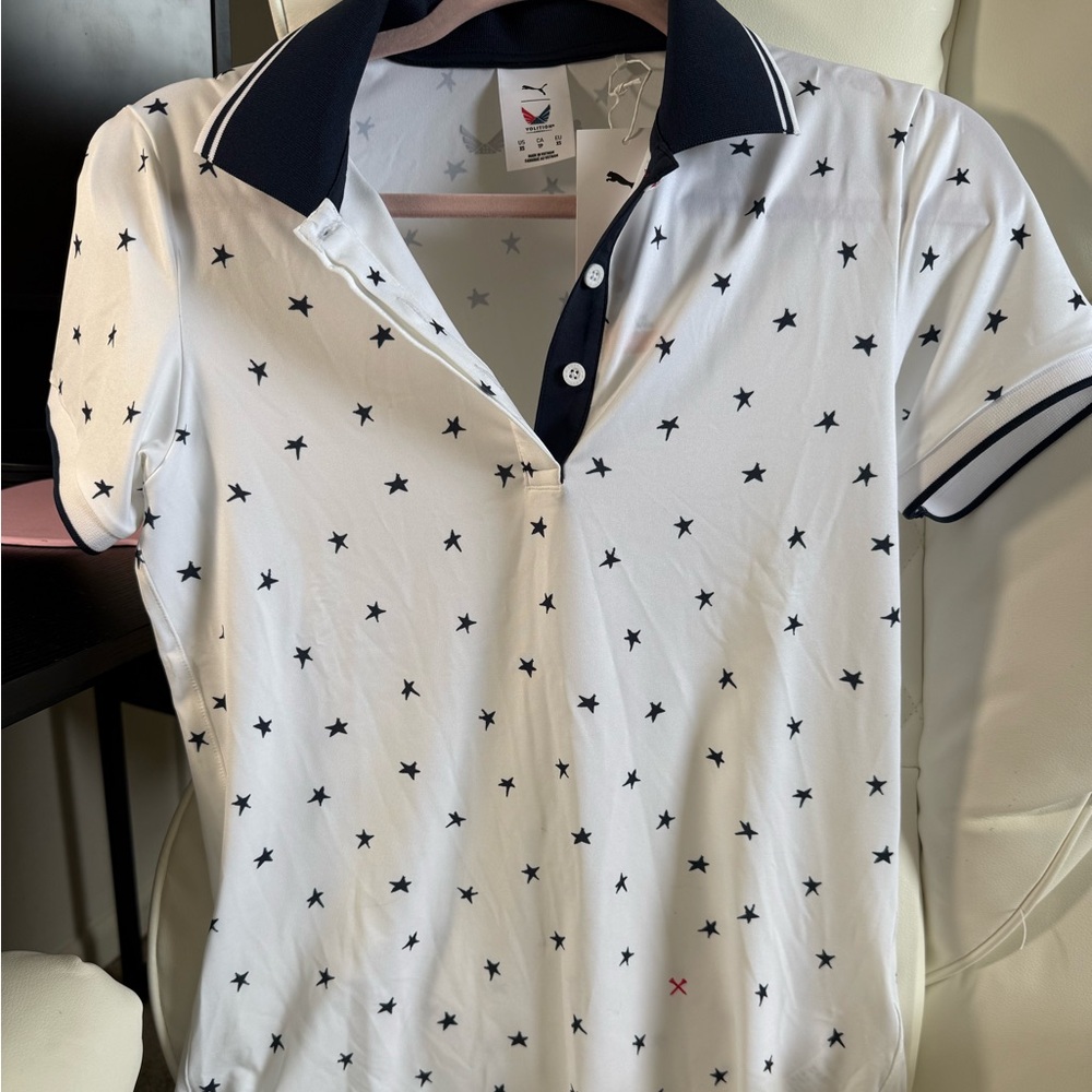 Puma White Polo Shirt with Navy Star Pattern